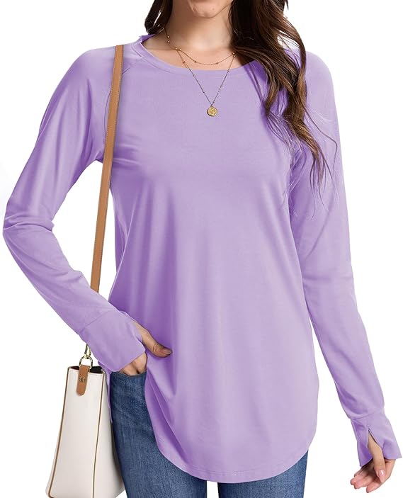 71o4iB3n8fL._AC_SX569_ SMENG Womens Tunic Tops Round Neck Long Sleeve Curved Hem Split Side Shirts With Thumb Hole